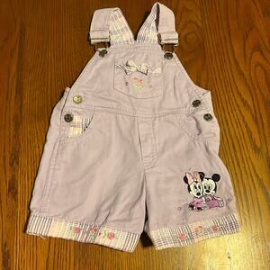 Vintage Disney Baby Girl Overalls Shorts 12M Lilac Mickey & Minnie Embroidered